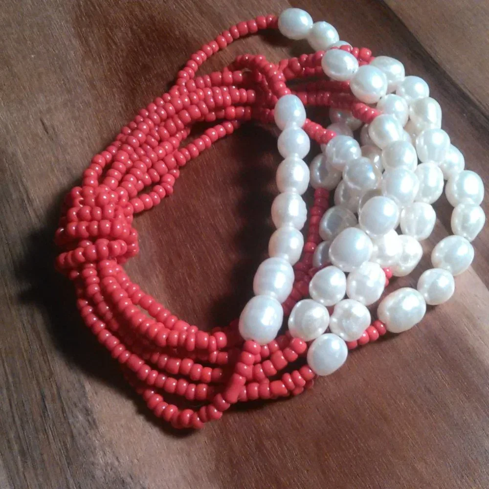 Red Seed Bead and Faux Pearl Multi-Strand Stretch Bracelet